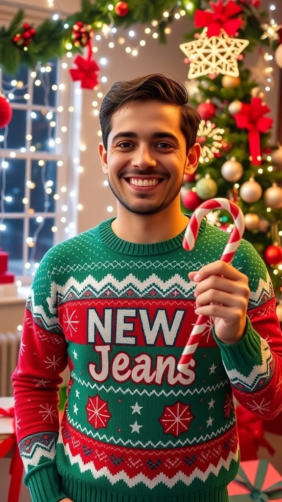 A fan in a Christmas sweater with holiday lights and decorations, smiling with a candy cane, in front of a Christmas tree.